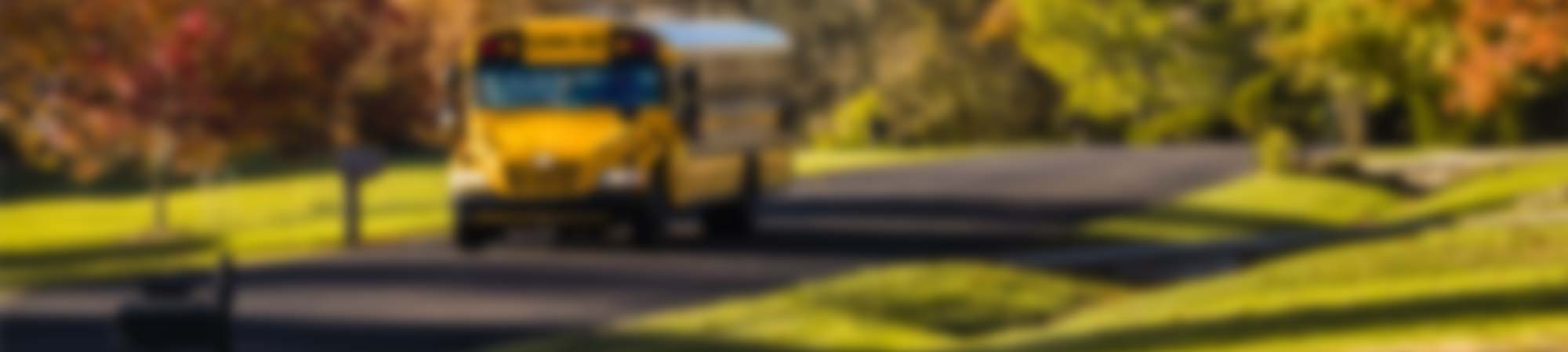 Blurred photo of a yellow school bus driving down a rural country road in fall